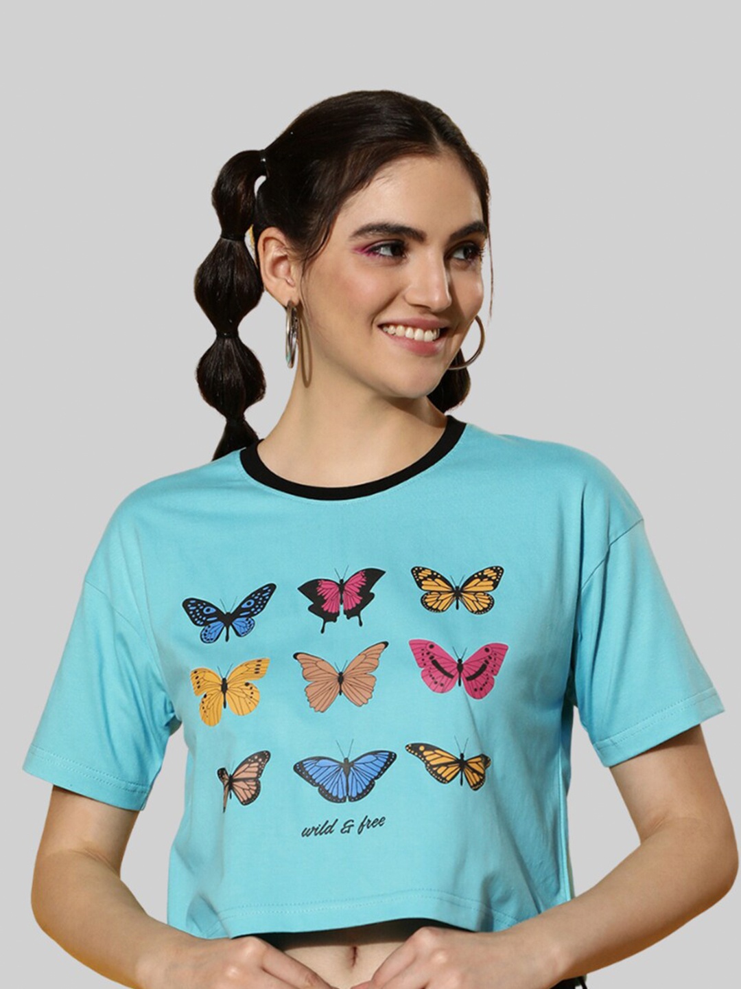 

JUNEBERRY Graphic Printed Cotton Crop T-shirt, Blue