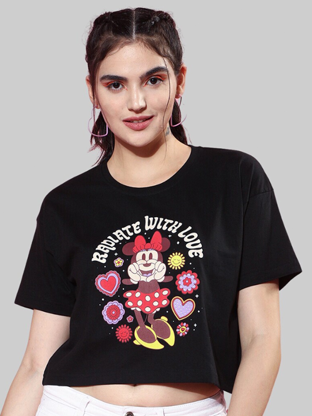 

JUNEBERRY Disney Graphic Minnie Mouse Printed Cotton Crop Top, Black
