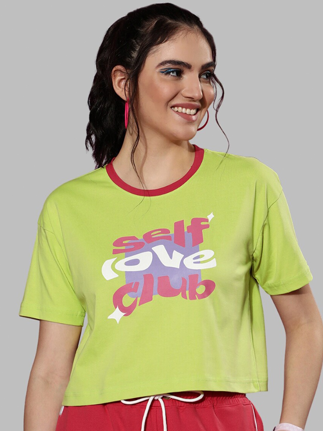 

JUNEBERRY Typography Printed Cotton Top, Lime green