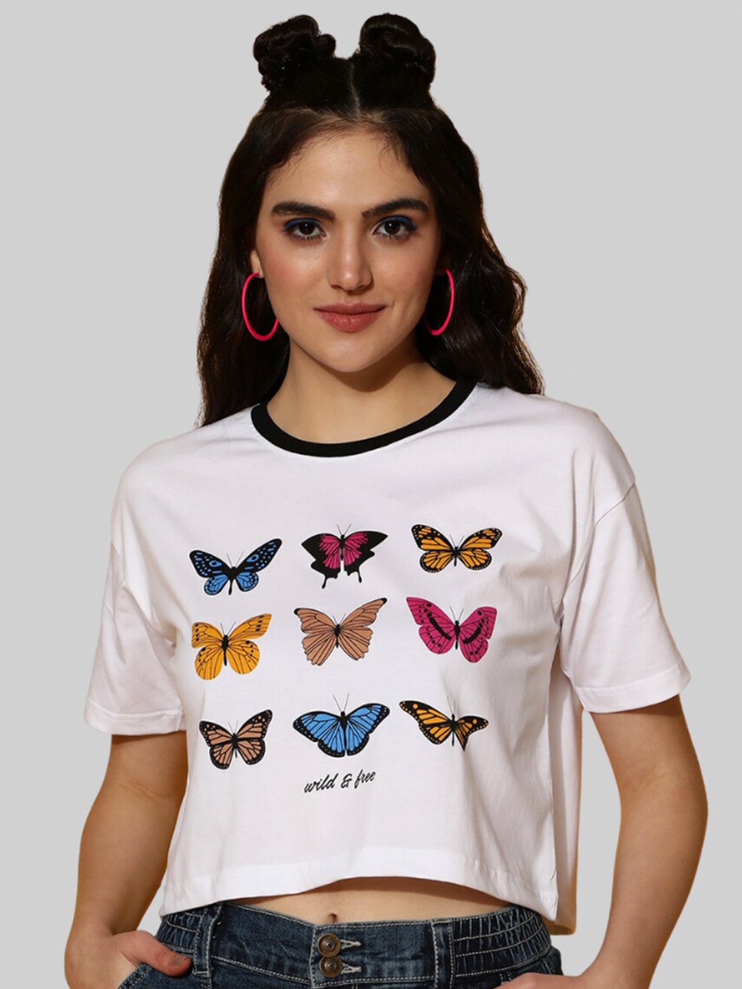 

JUNEBERRY Graphic Printed Cotton Boxy Fit Crop T-shirt, White
