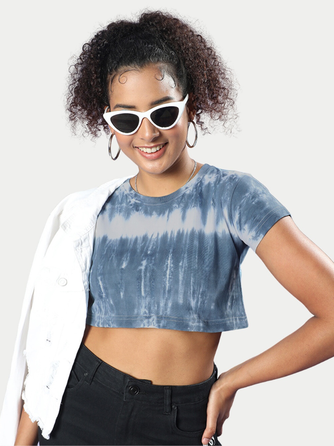 

JUNEBERRY Tie and Dye Regular Sleeves Cotton Crop Top, Blue