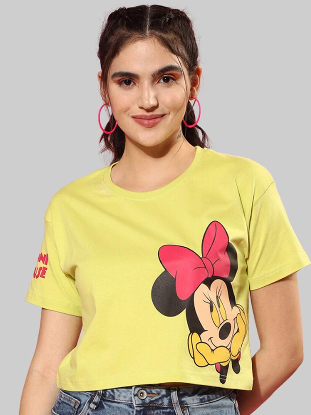 

JUNEBERRY Minnie Mouse Printed Drop Shoulder Sleeves Cotton Crop T-shirt, Yellow