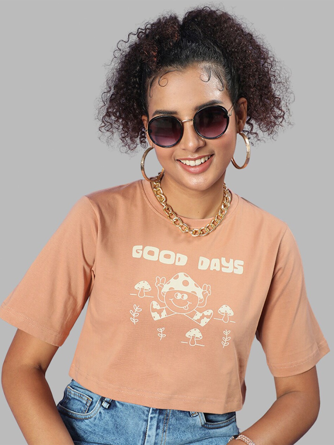 

JUNEBERRY Typography Printed Cotton Crop T-shirt, Brown