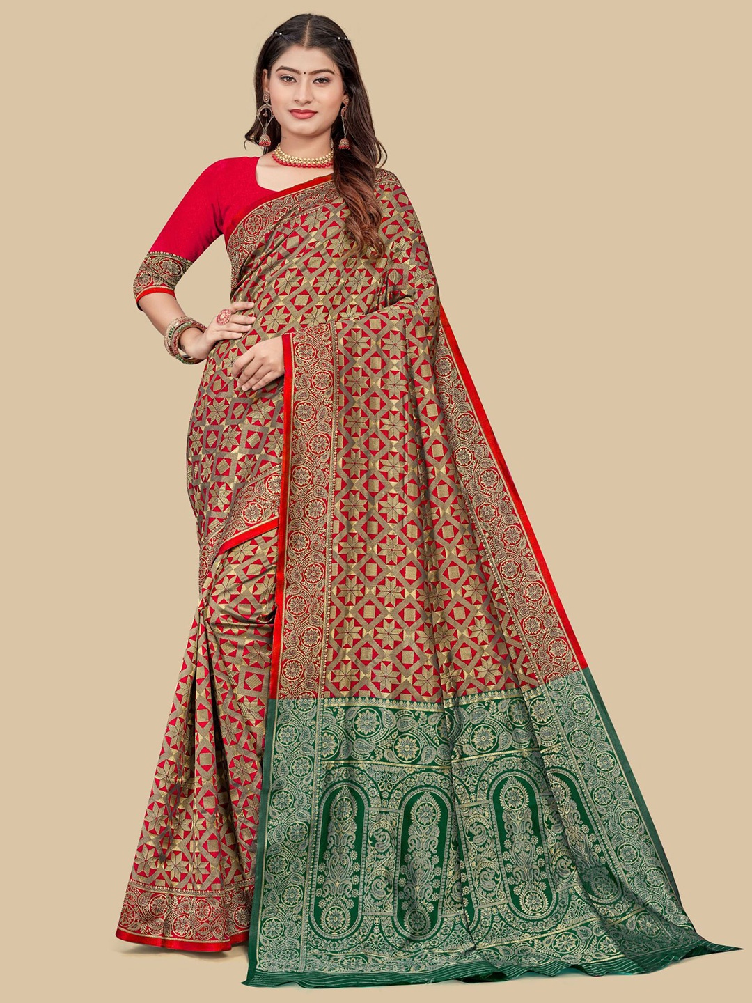 

Dori Geometric Zari Art Silk Saree With Blouse Piece, Red