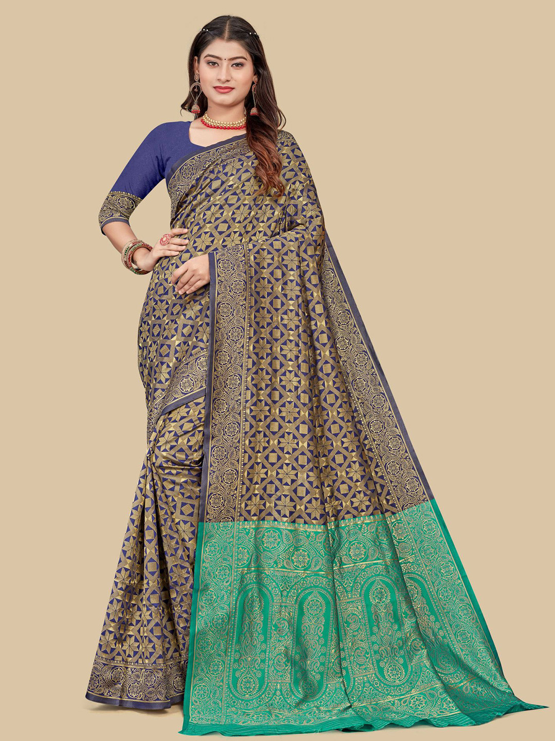

Dori Geometric Zari Art Silk Saree With Blouse Piece, Navy blue