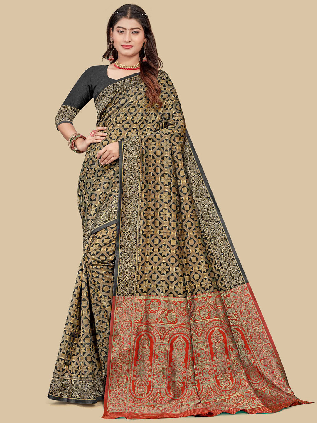

Dori Geometric Zari Art Silk Saree With Blouse Piece, Black