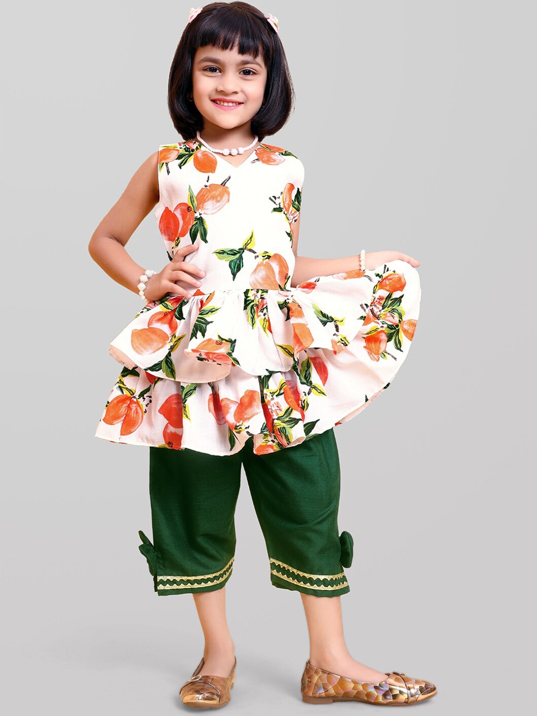 

BAESD Girls Floral Printed Cotton Layered A-Line Kurta with Trousers, White