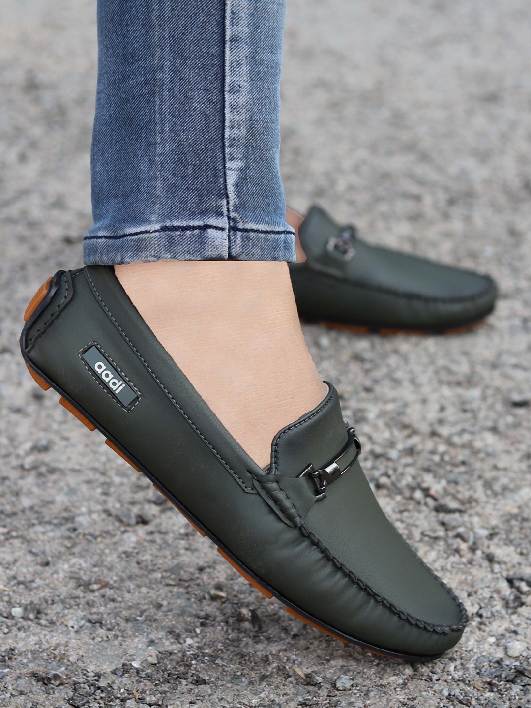 

aadi Men Embellished Moisture Wicking Comfort Insole Horsebit Driving Shoes, Olive