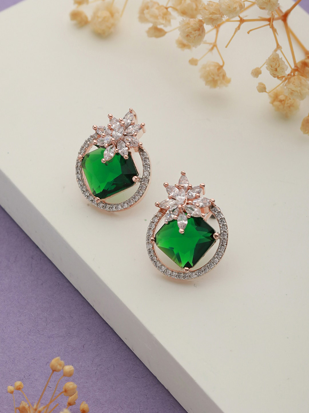

Saraf RS Jewellery Rose Gold-Plated American Diamond Contemporary Stud Earrings