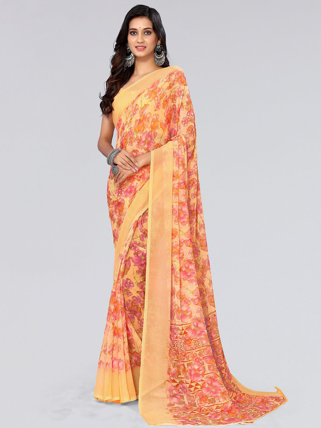 

KALINI Floral Poly Georgette Saree, Orange