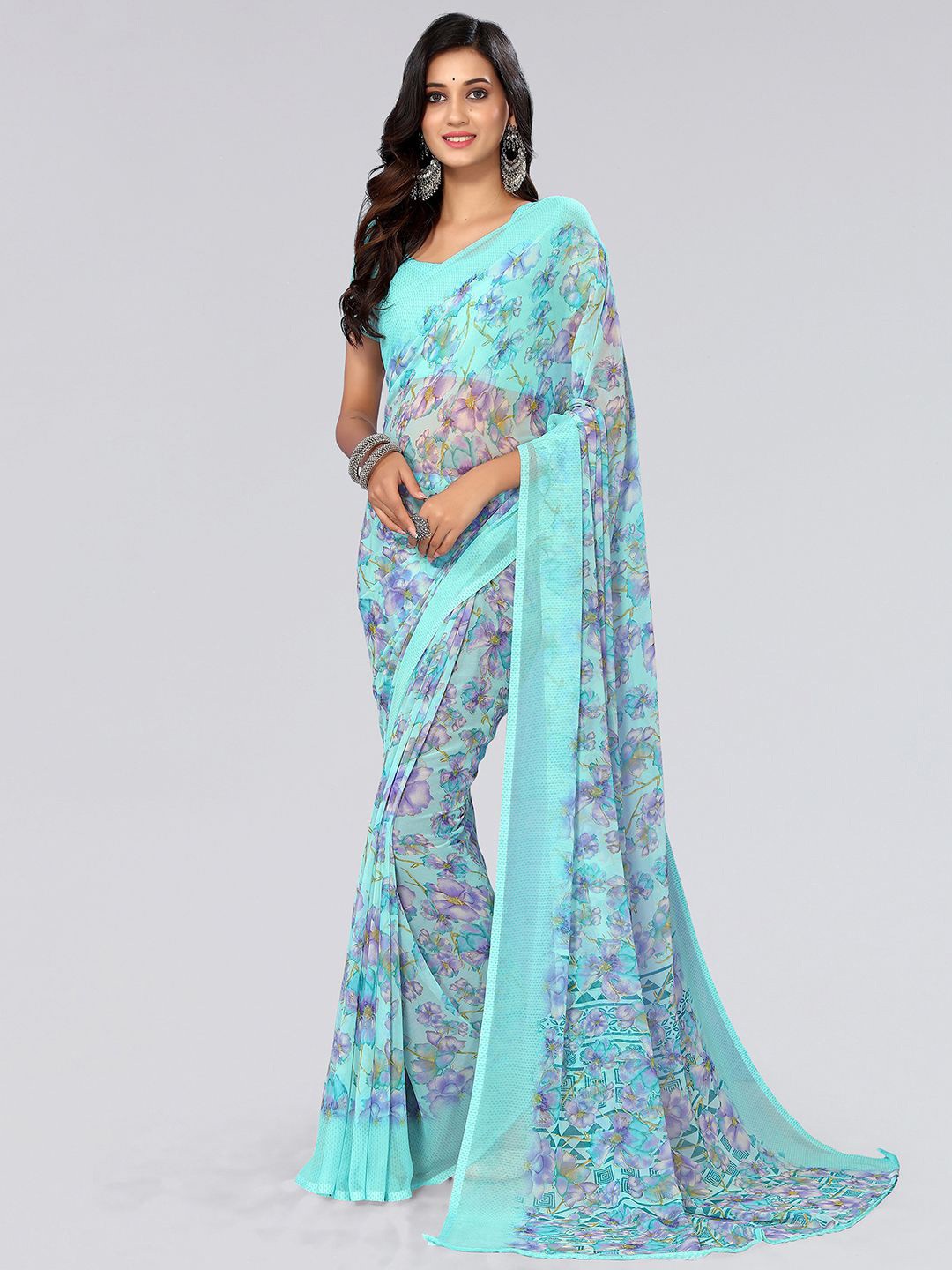 

KALINI Floral Poly Georgette Saree, Turquoise blue