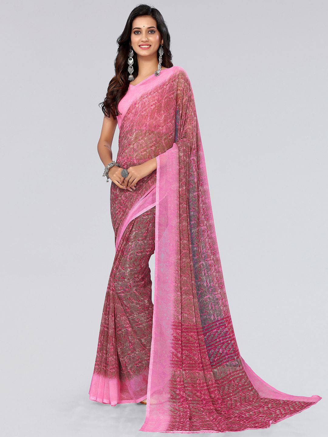 

KALINI Floral Printed Poly Georgette Saree, Pink