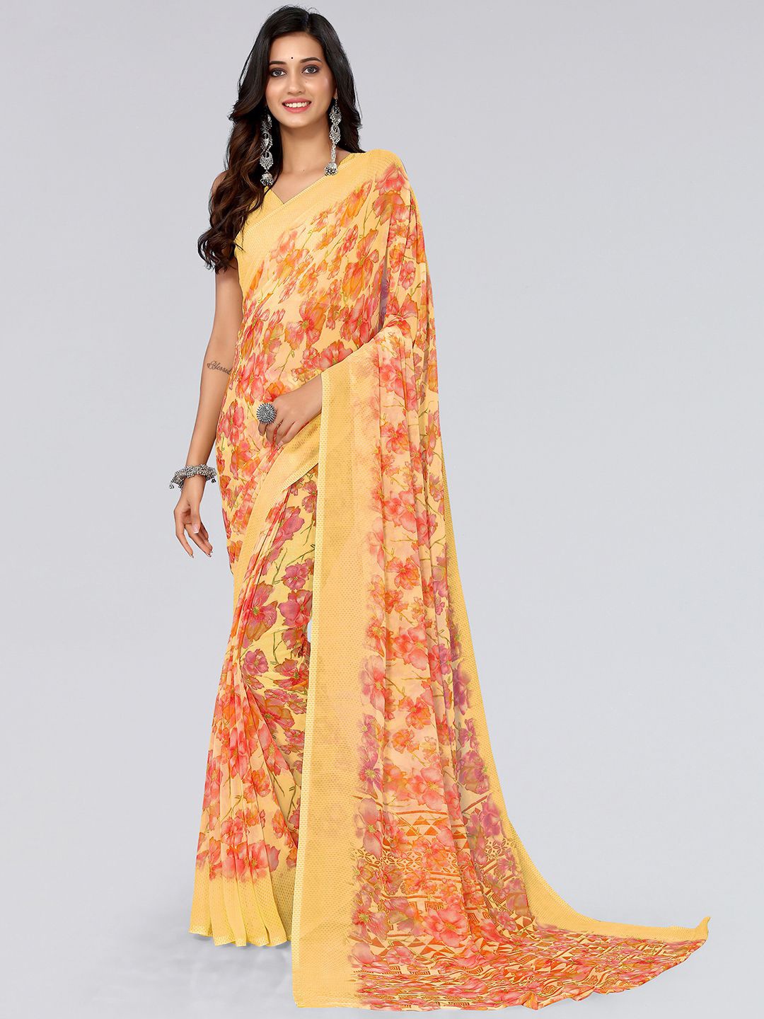 

KALINI Floral Printed Poly Georgette Saree, Yellow