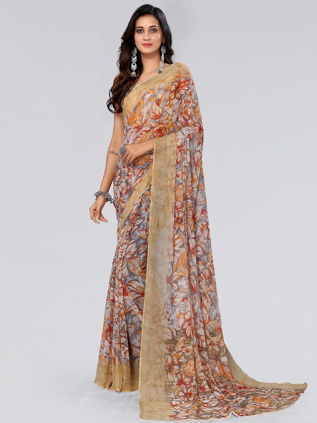 

KALINI Floral Printed Poly Georgette Saree, Brown