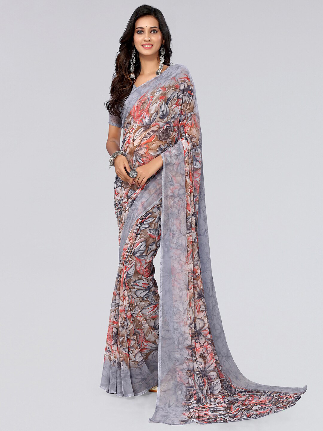 

KALINI Floral Printed Poly Georgette Saree, Grey