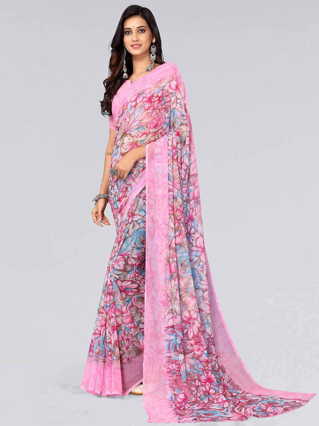 

KALINI Floral Printed Poly Georgette Saree, Pink