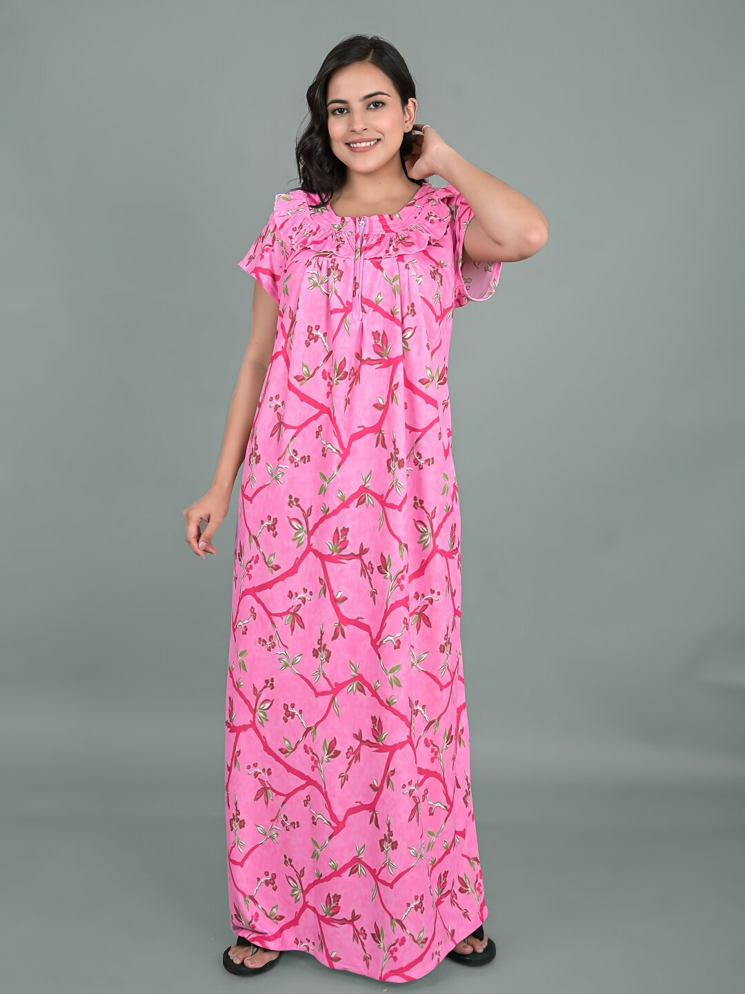

Apratim Floral Printed Maxi Nightdress, Pink
