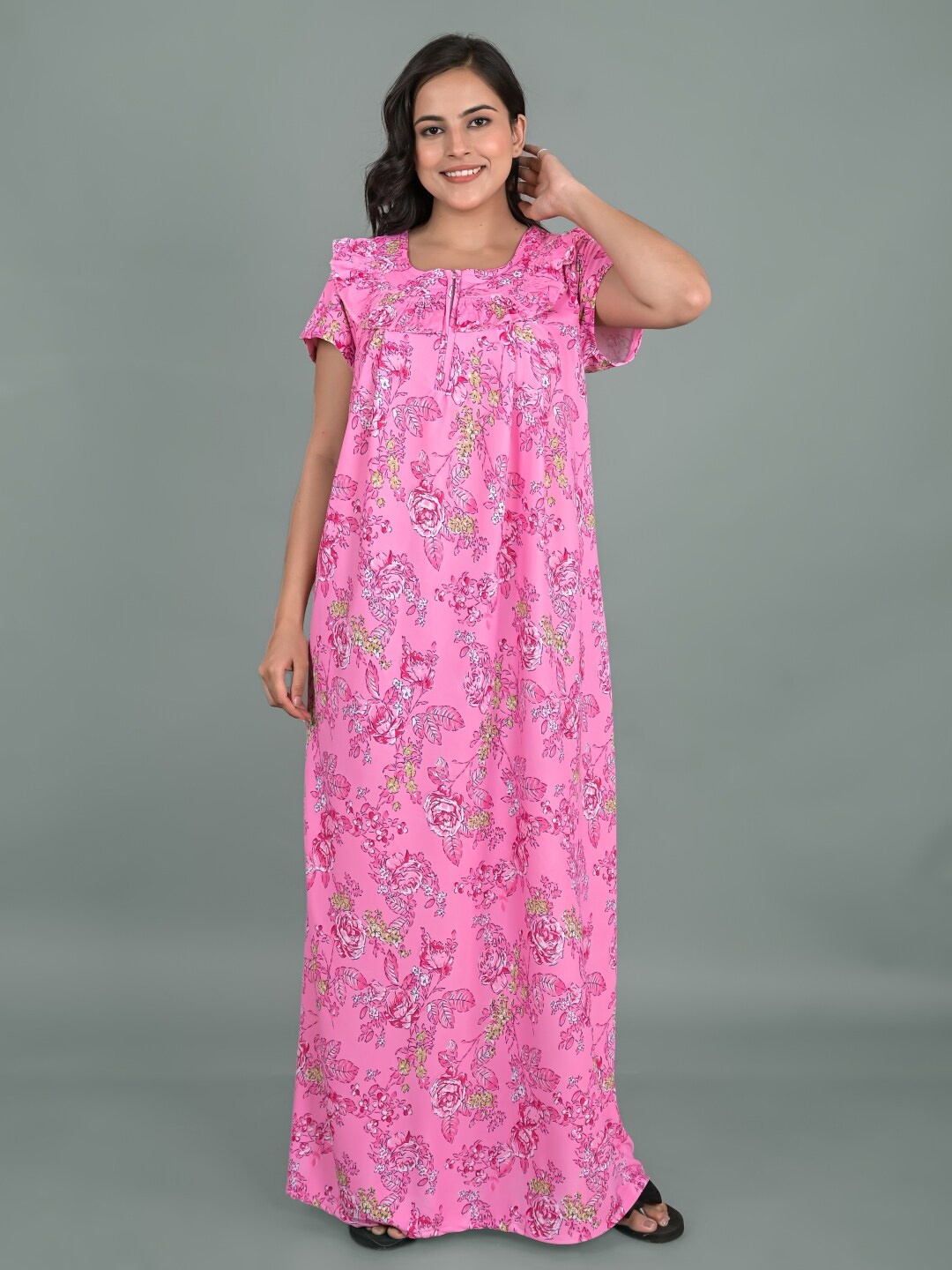 

Apratim Floral Printed Maxi Nightdress, Pink