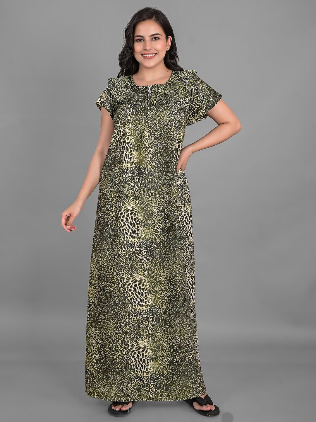 

Apratim Animal Printed Maxi Nightdress, Olive