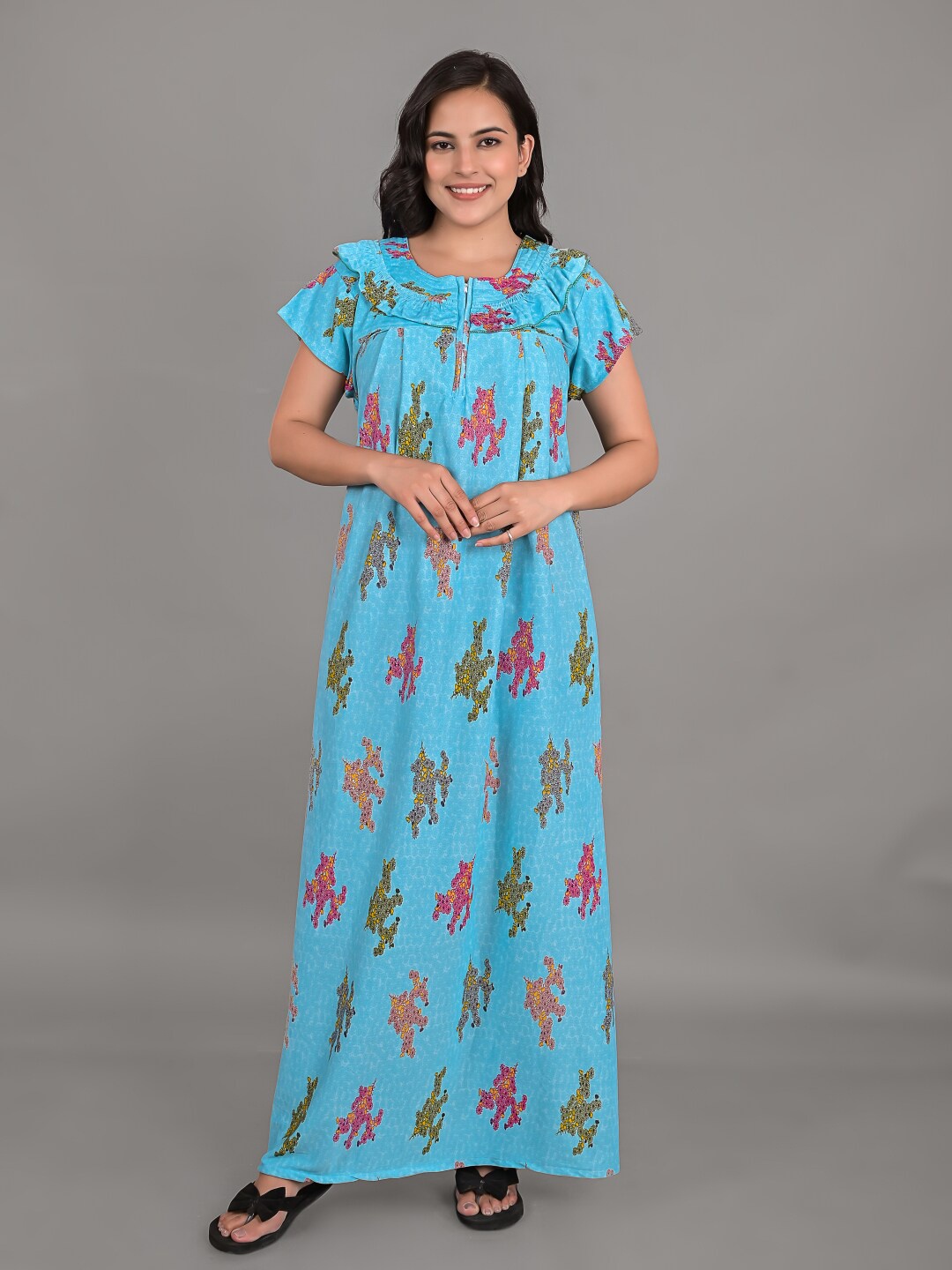 

Apratim Floral Printed Maxi Nightdress, Turquoise blue