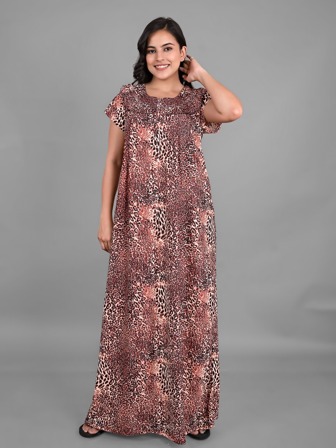 

Apratim Animal Printed Maxi Nightdress, Brown