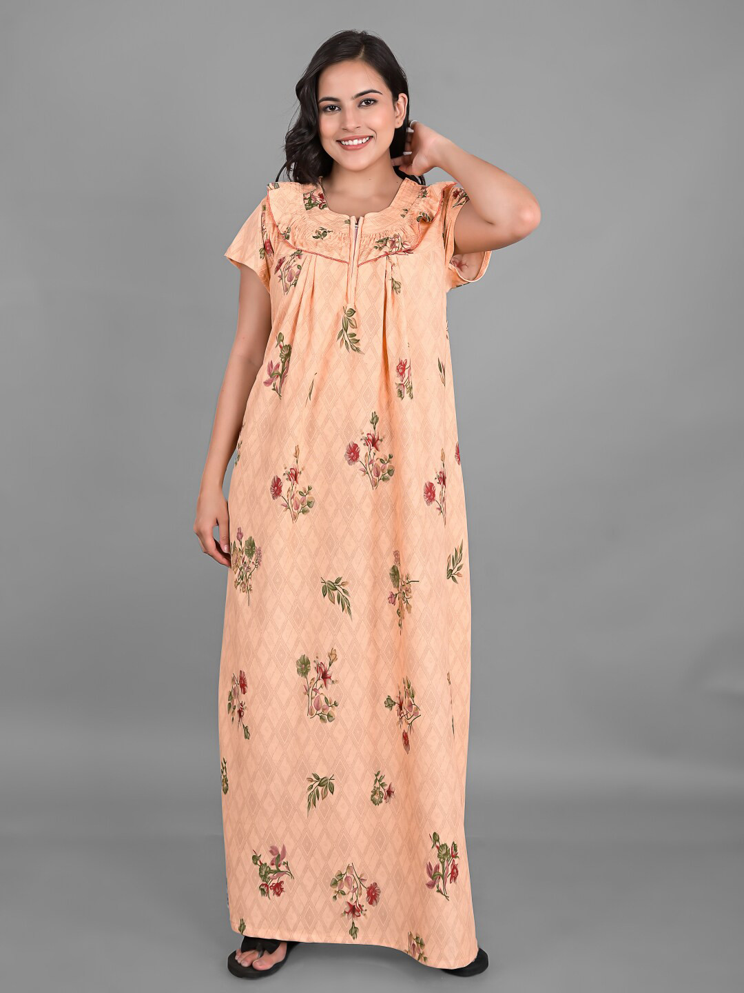 

Apratim Floral Printed Ruffles Maxi Nightdress, Peach