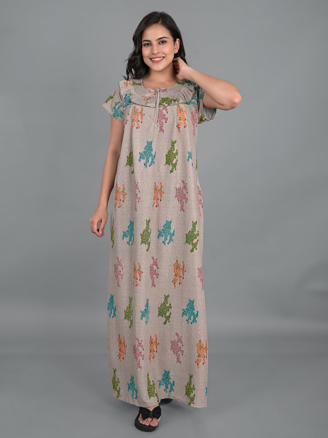 

Apratim Floral Printed Ruffles Maxi Nightdress, Taupe