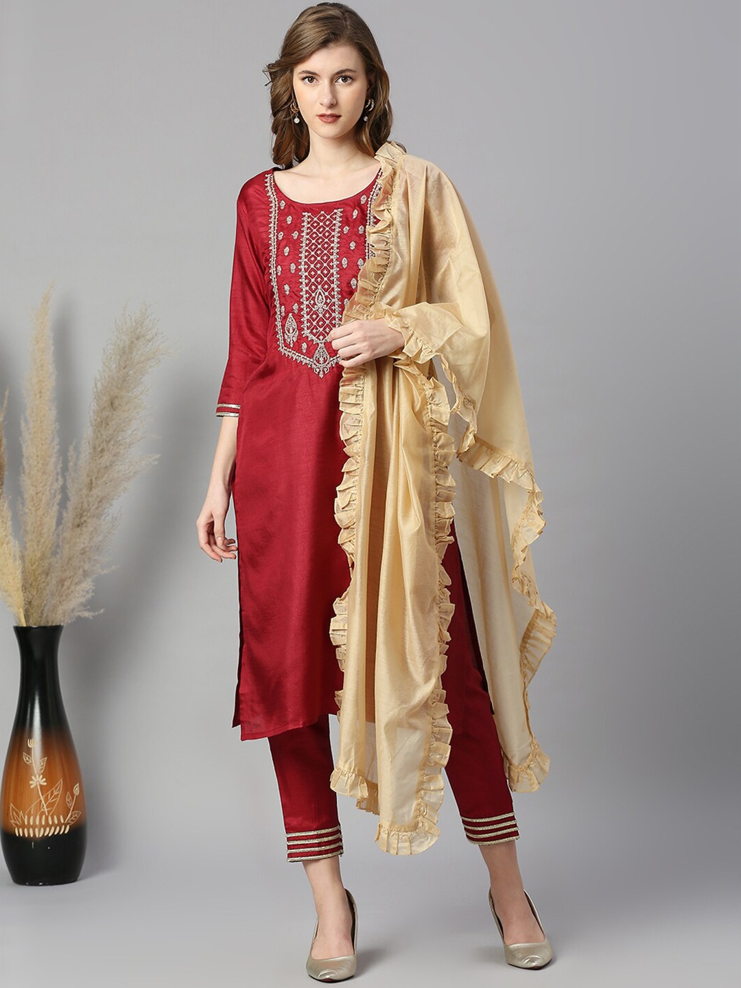 

KALINI Ethnic Motifs Embroidered Kurta With Trousers & Dupatta, Maroon