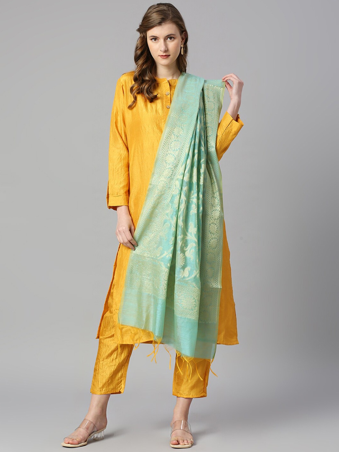 

KALINI Yellow Regular Kurta With Trousers & Dupatta, Mustard