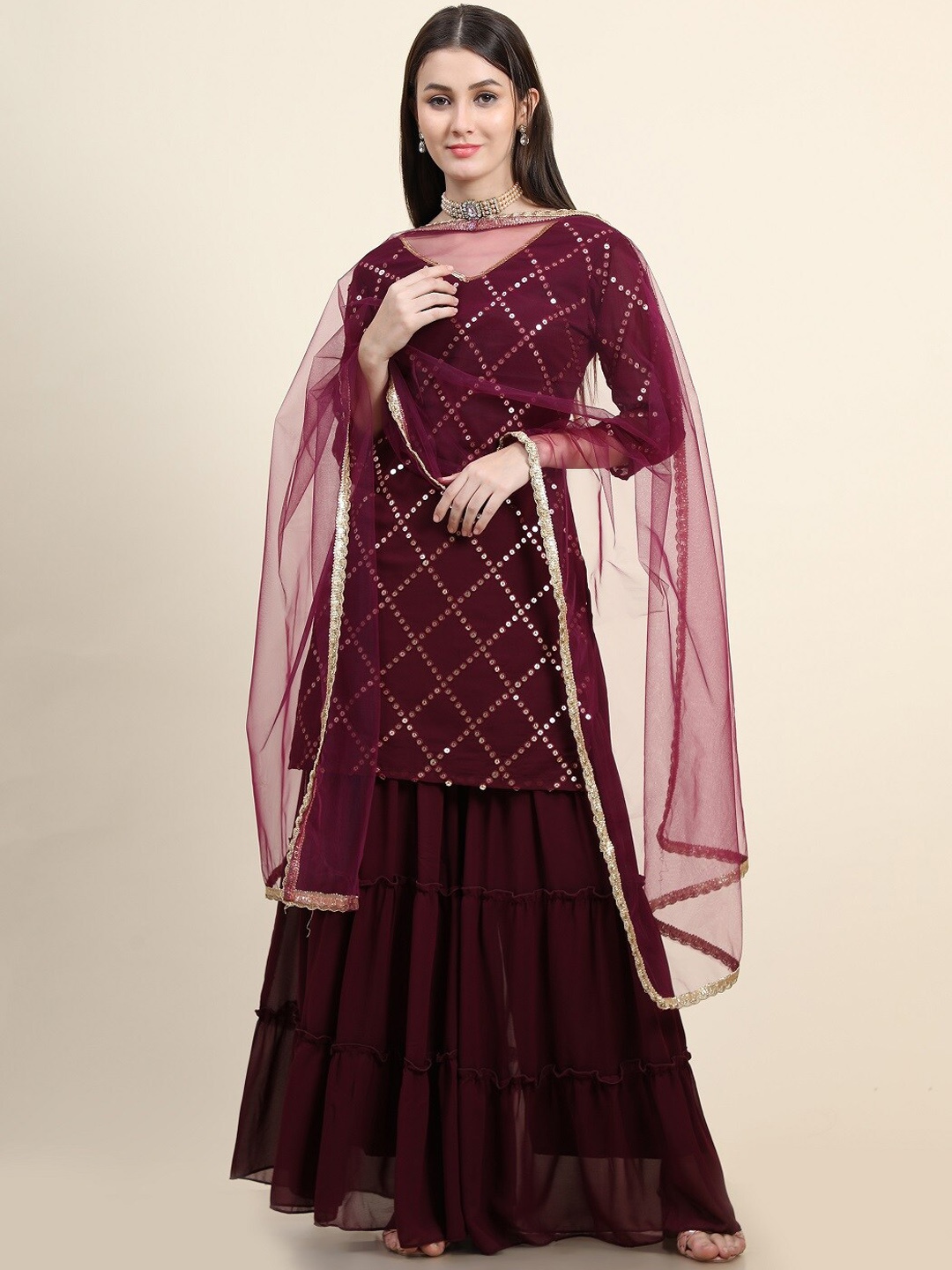 

KALINI Sequinned Kurta With Sharara & Dupatta, Burgundy