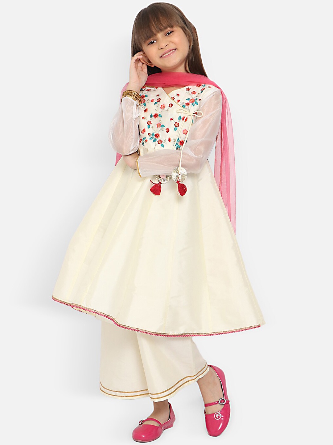 

Nauti Nati Girls Floral Embroidered Angrakha Thread Work Kurta With Trousers & Dupatta, Off white