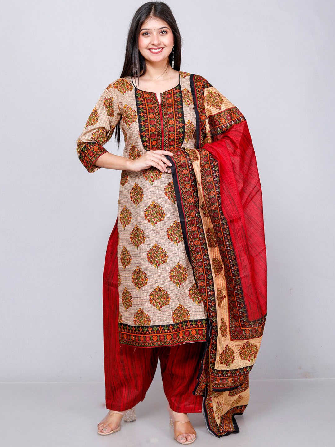 

Jevi Prints Ethnic Motifs Printed Pure Cotton Kurta with Patiala & Dupatta, Beige