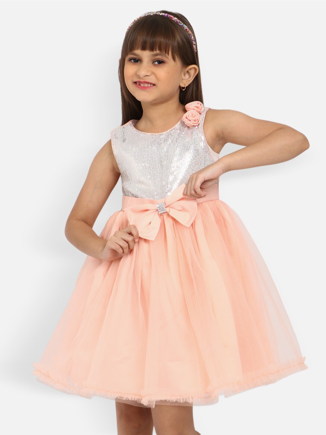 Nauti Nati Girls Embellished Sequinned Net Tulle Fit & Flare Dress, Peach