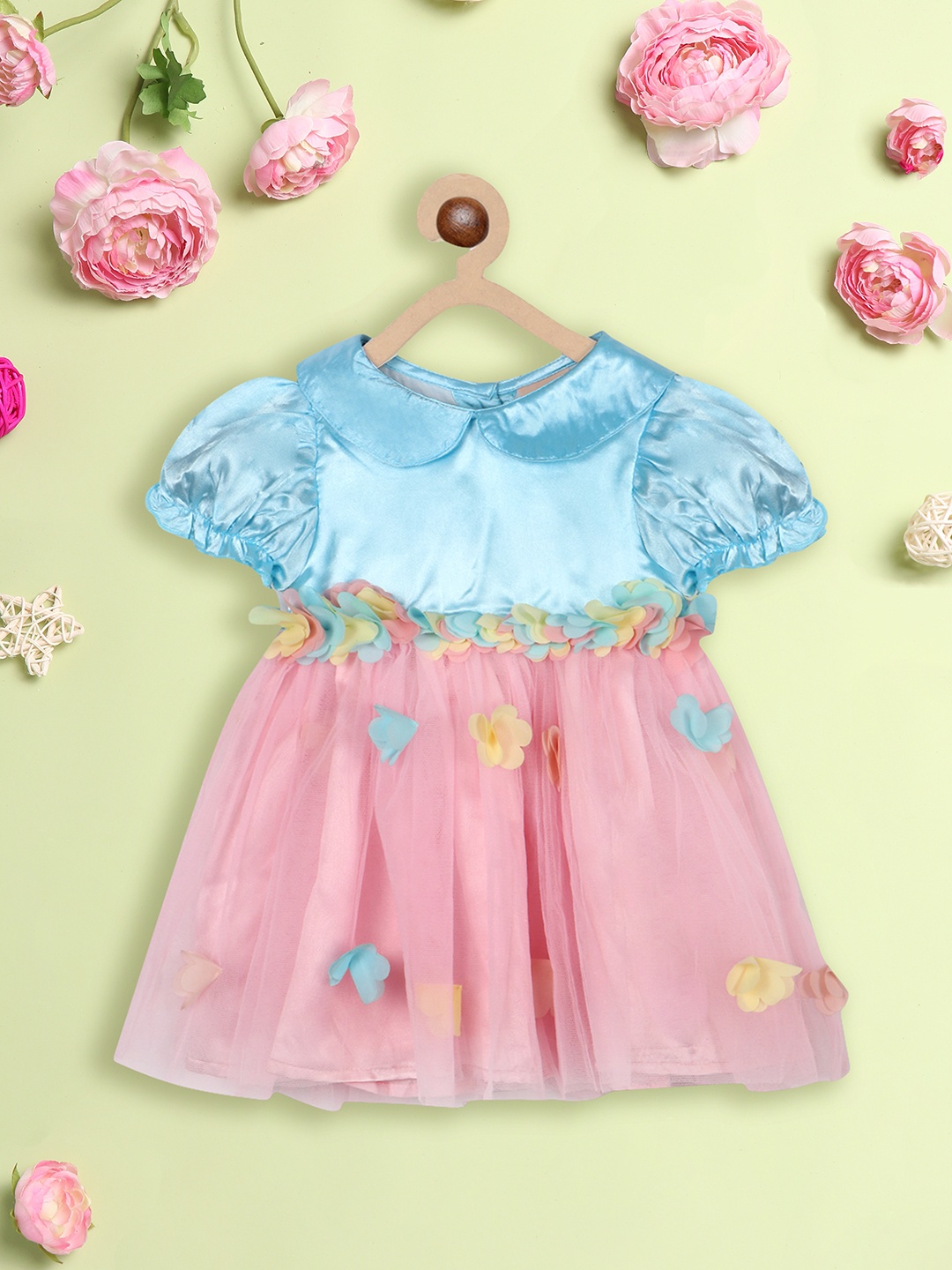 Nauti Nati Girls Floral Corsage Peter Pan Collar Puff Sleeve Net Tulle Fit & Flare Dress, Blue