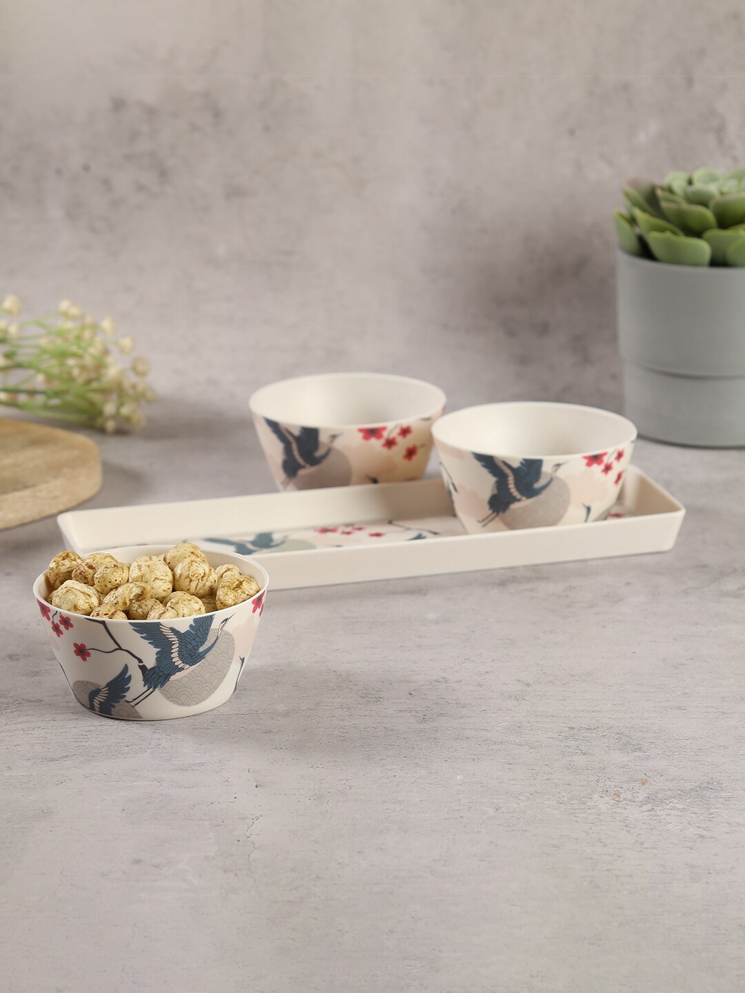 

India Circus by Krsnaa Mehta 4 Pcs Cream-Colored & Blue Printed Ceramic Bowls & Tray Set