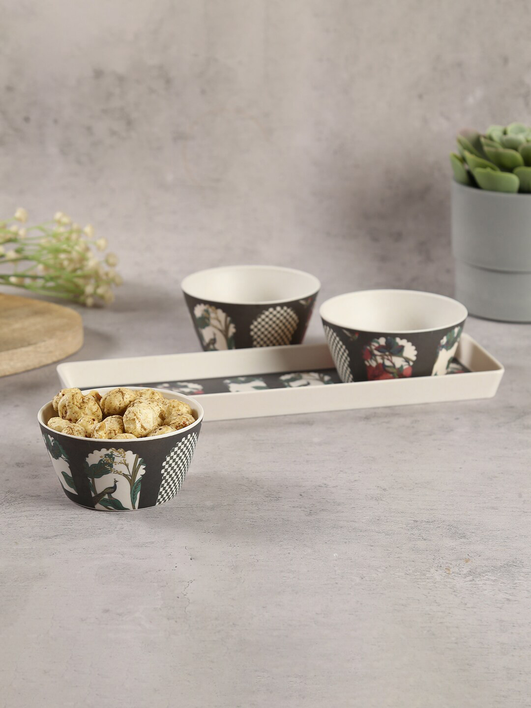 

India Circus by Krsnaa Mehta 4 Pcs Cream-Colored & Black Printed Ceramic Bowls & Tray Set