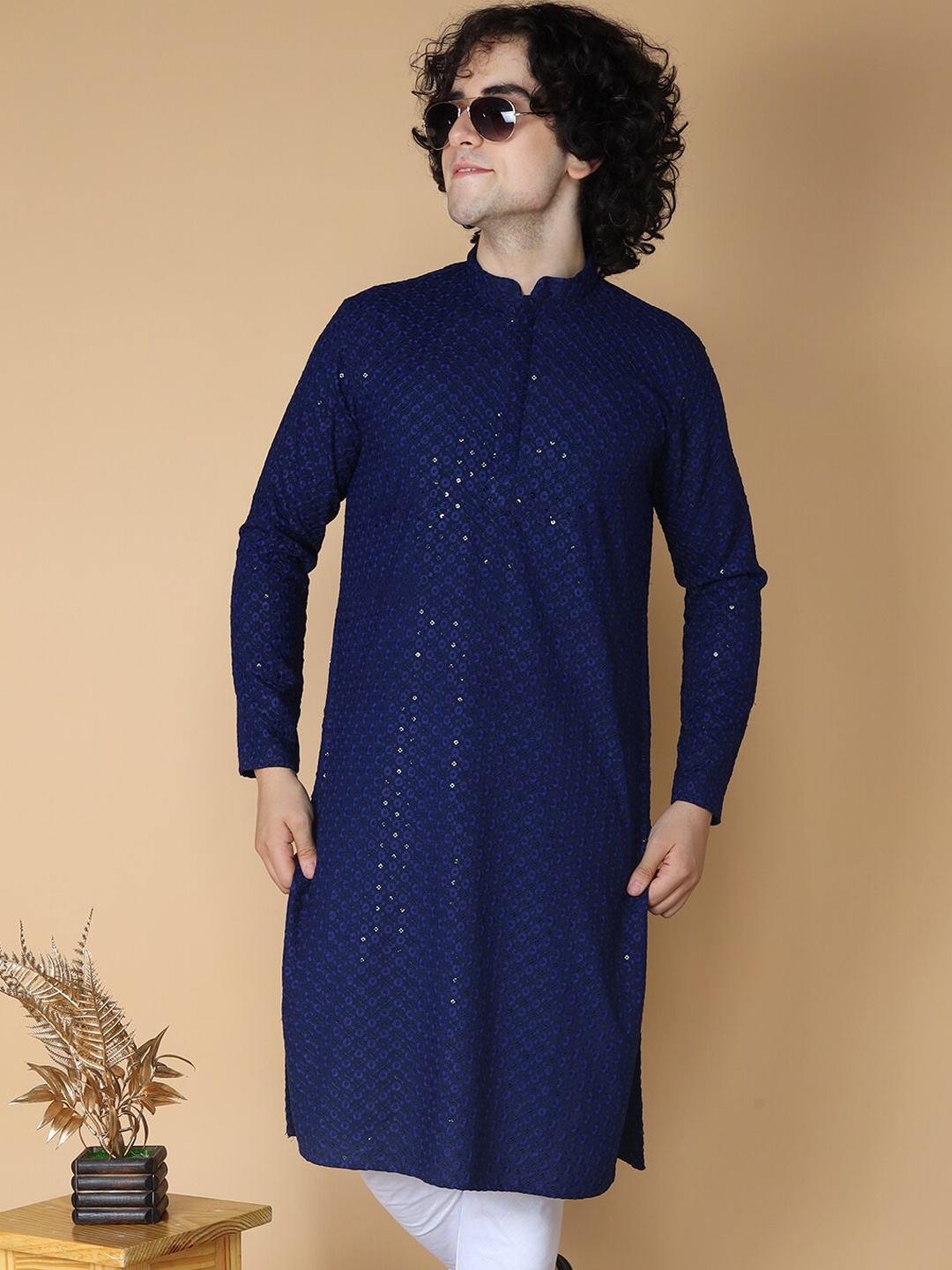 

NAMASKAR Ethni Motif Embroidered Chikankari Sequinned Cotton Kurta, Navy blue