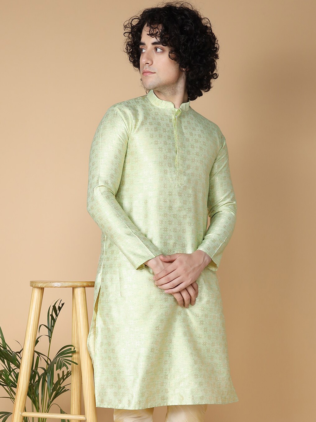 

NAMASKAR Ethnic Motifs Woven Design Jacquard Kurta, Green