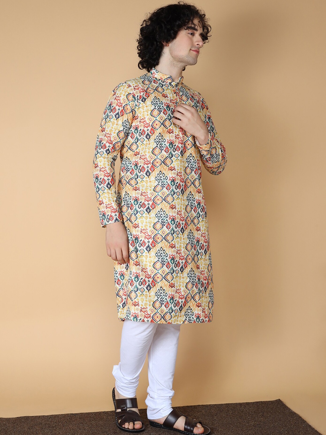 

NAMASKAR Ethnic Motifs Printed Chikankari Mandarin Collar Pure Cotton Kurta, Yellow