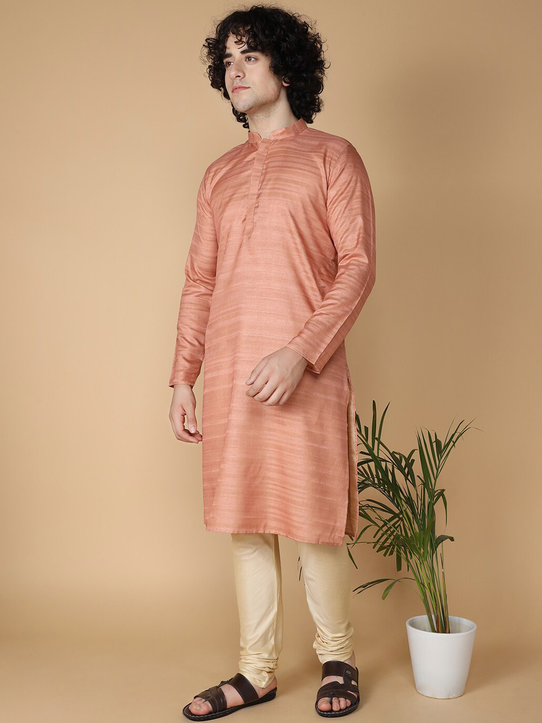 

NAMASKAR Striped Woven Design Mandarin Collar Silk Kurta, Orange
