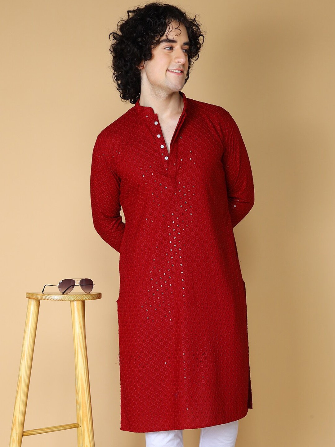 

NAMASKAR Ethnic Motifs Embroidered Sequinned Cotton Chikankari Kurta, Red