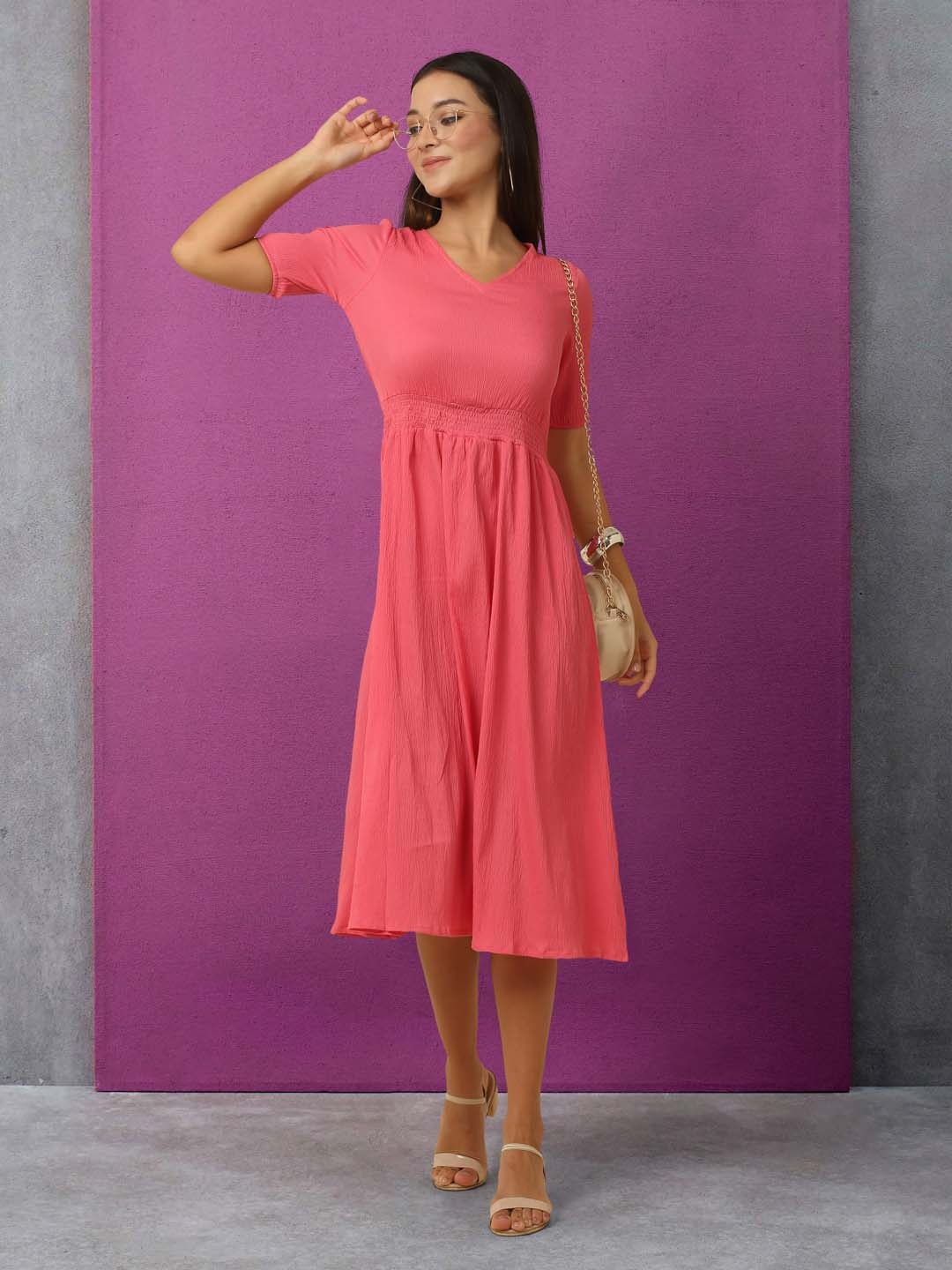 

RAISIN V-Neck Fit & Flare Gathered Midi Dress, Pink