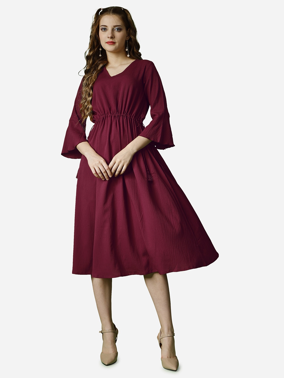 

RAISIN Crepe V-Neck Fit & Flare Dress, Maroon