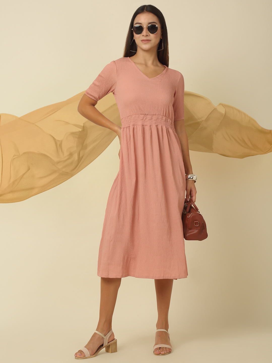 

RAISIN Crepe V-Neck Fit & Flare Midi Dress, Peach