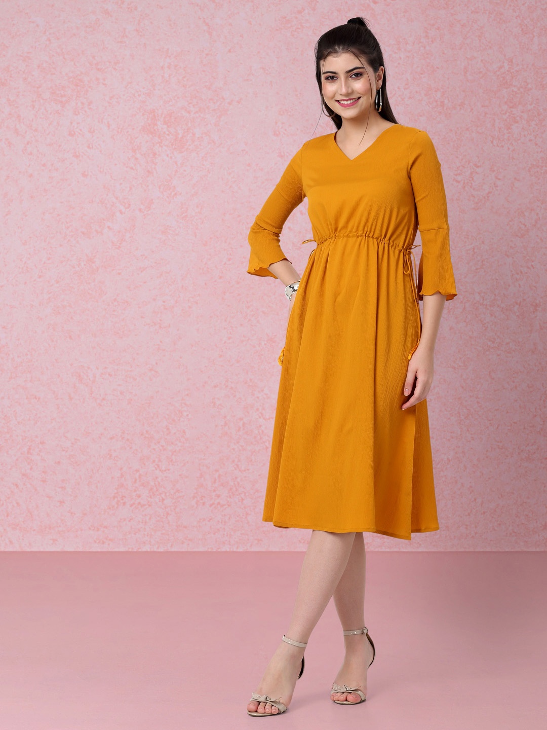 

RAISIN Flared Sleeve Waist Tie-up Fit & Flare Midi Dress, Mustard