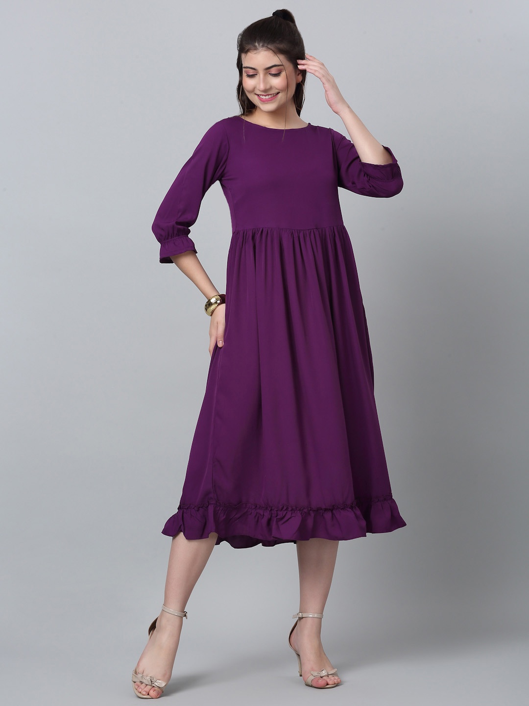 

RAISIN Boat Neck Puff Sleeves Ruffles Crepe Fit & Flare Midi Dress, Purple