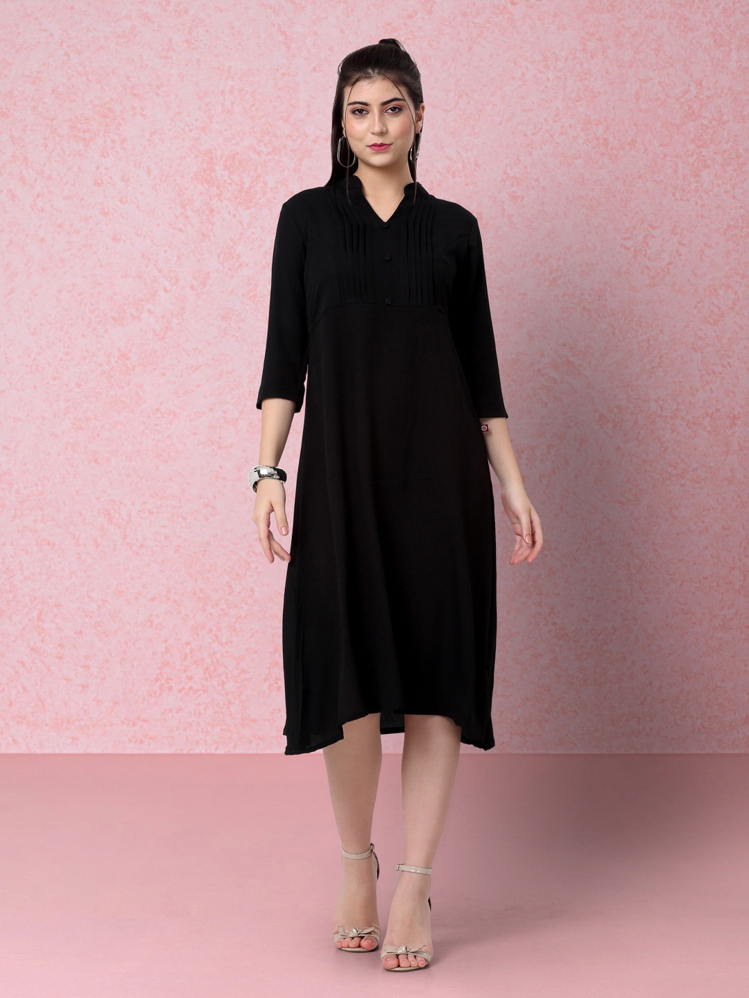 

RAISIN Crepe Mandarin Collar Fit & Flare Midi Dress, Black