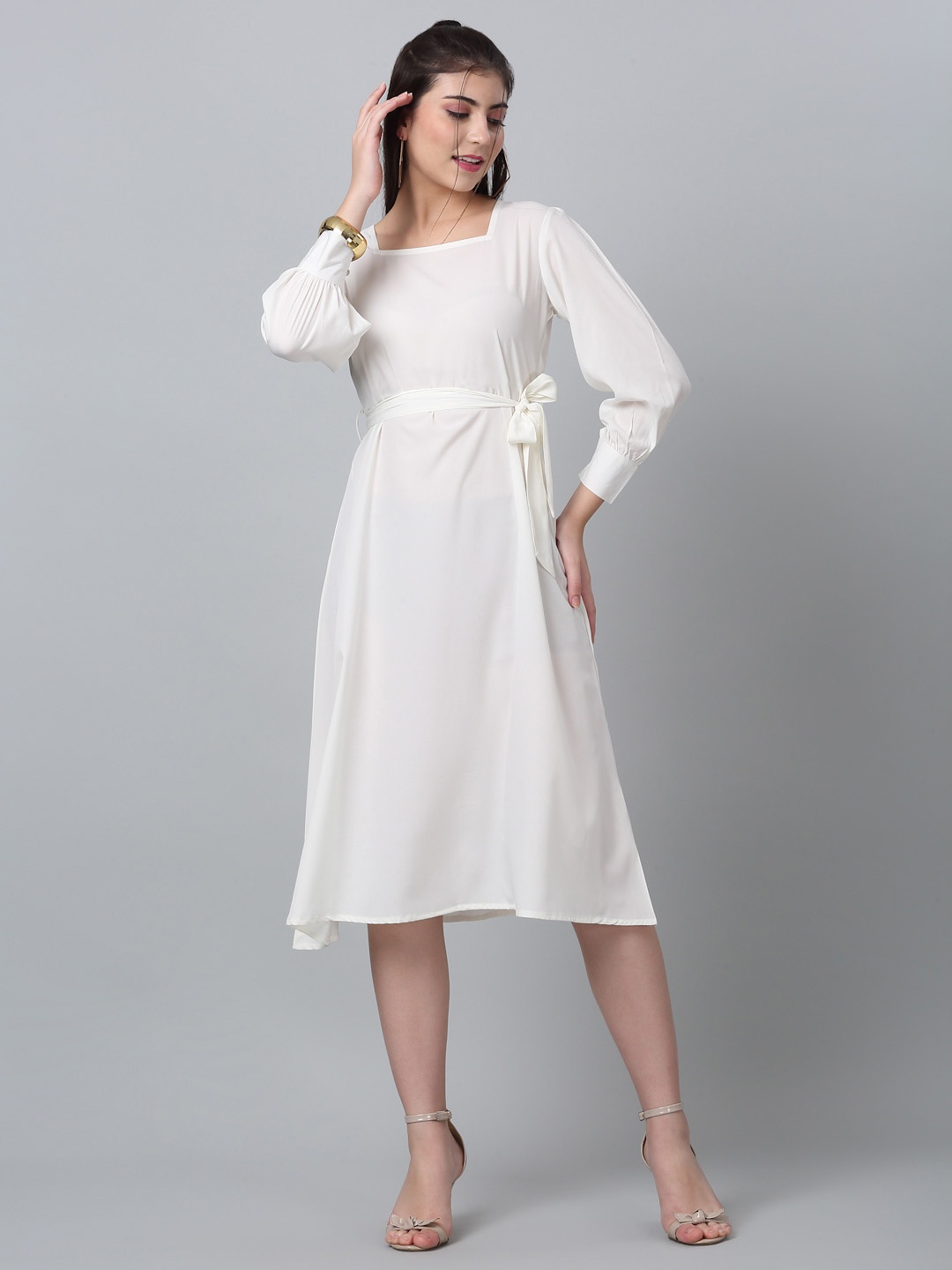 

RAISIN Square Neck Cuffed Sleeve Fit & Flare Midi Dress, White