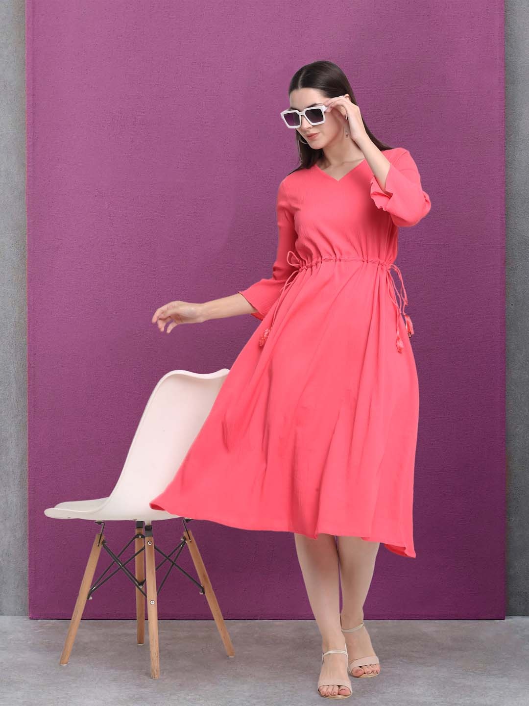 

RAISIN Bell Sleeves Gathered Fit & Flare Dress, Peach