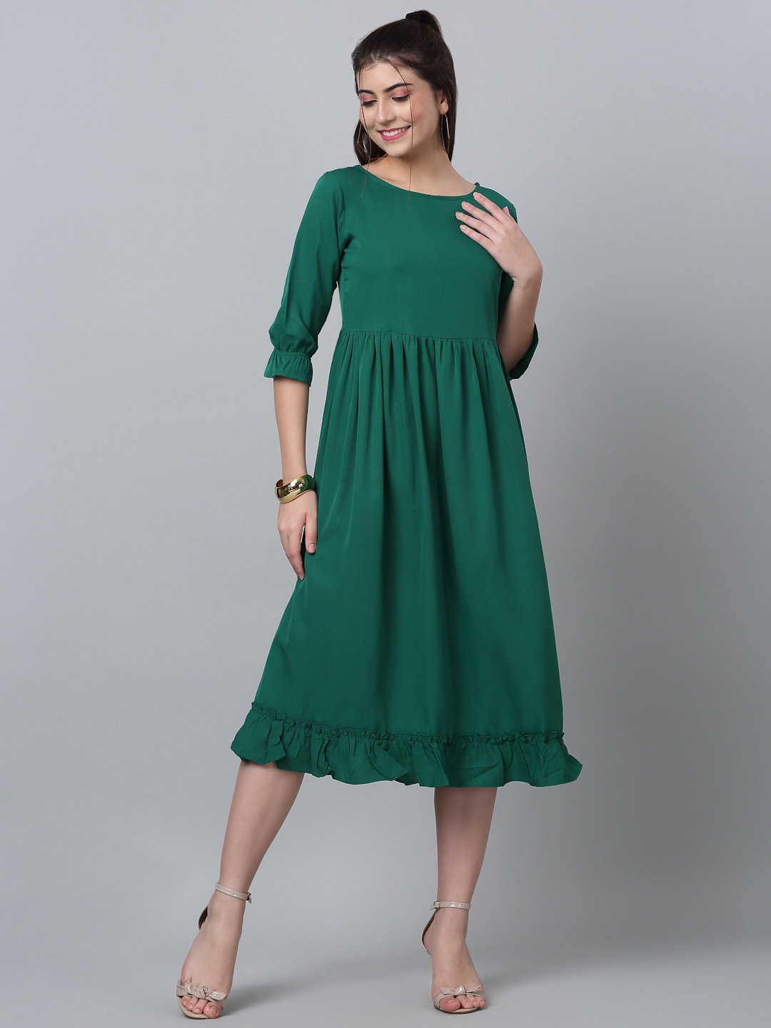 

RAISIN Puff Sleeves Ruffles Crepe Fit & Flare Midi Dress, Green